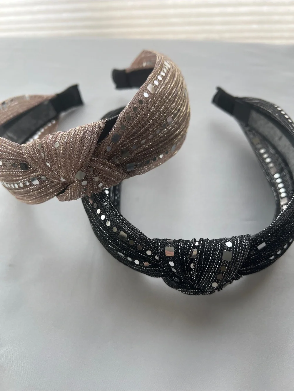 Shimmering Sequin and Bead Accent  Knotted Headband - Black and Tan set of 2